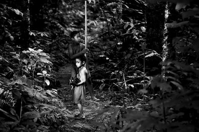 Boys standing by trees in forest