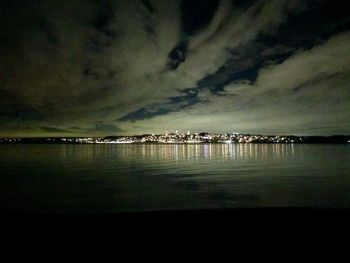 Scenic view of sea against storm clouds at night