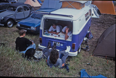 High angle view of people sitting in car