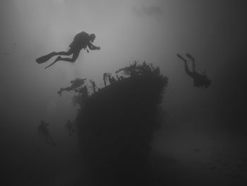 Scuba divers swimming near shipwreck in sea