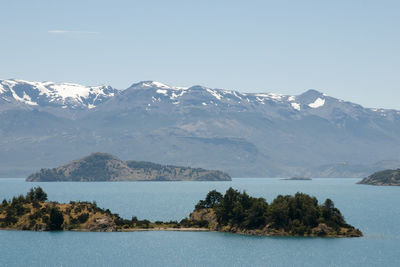 Scenic view of lake and mountains against sky