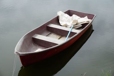 High angle view of boats moored on lake