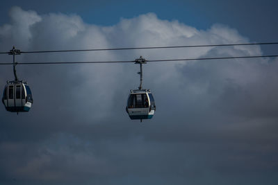 Low angle view of overhead cable car against sky