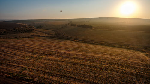 Scenic view of agricultural field against sky during sunset