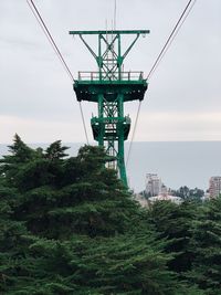 Low angle view of overhead cable car against sky