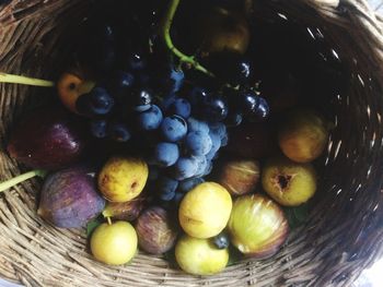 High angle view of grapes in basket