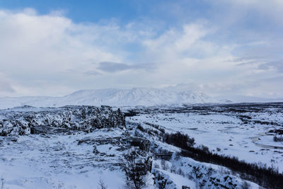 Scenic view of snowcapped mountains against sky