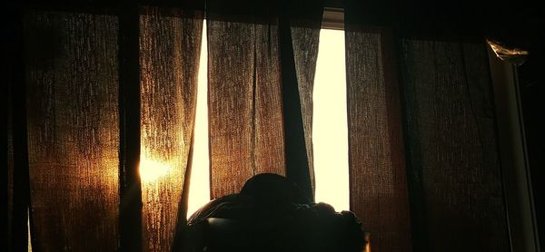 Rear view of silhouette man standing against window