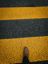 Low section of person standing on yellow road