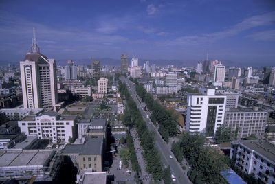 High angle view of buildings in city