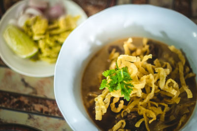 High angle view of meal served in bowl