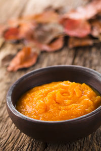 Close-up of soup in bowl on table