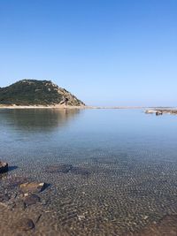 Scenic view of sea against clear blue sky