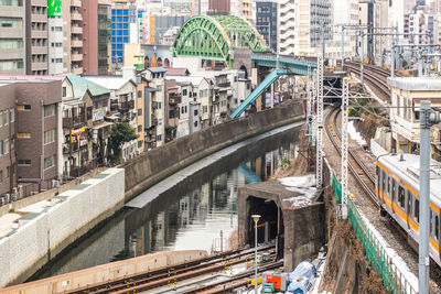 Bridge over river amidst buildings in city