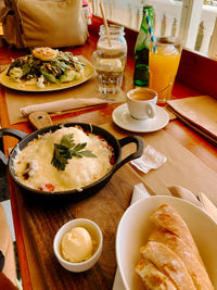 High angle view of breakfast served on table