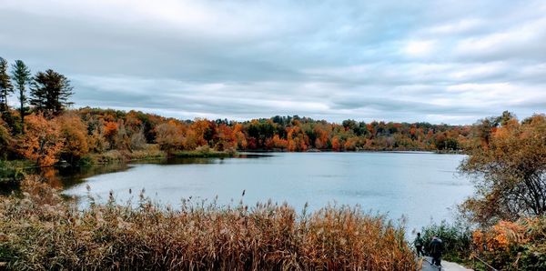 Scenic view of lake against sky during autumn