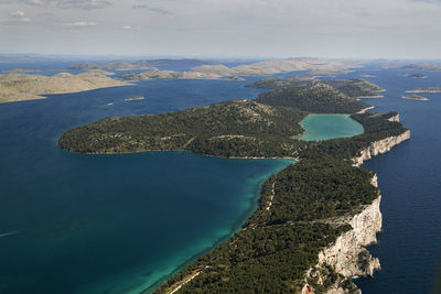 Aerial view of telascica nature park woth the cliffs, large bay and salt island mir