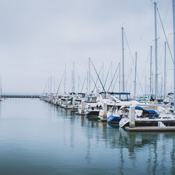 Boats moored at harbor against sky