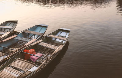 High angle view of boat moored in lake