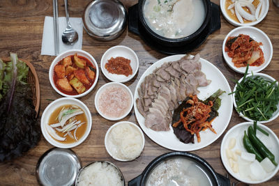 High angle view of meal served on table