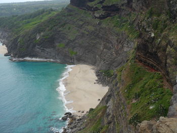 Scenic view of sea by mountains