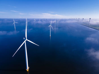 Wind turbines against sky