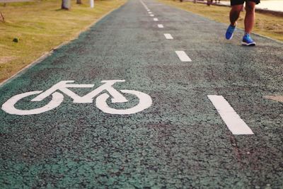 Low section of person walking on road