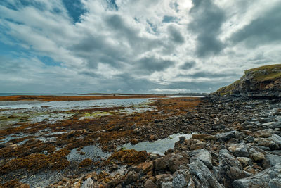 Rocks on beach against sky