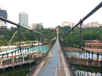 Bridge over river amidst buildings against clear sky