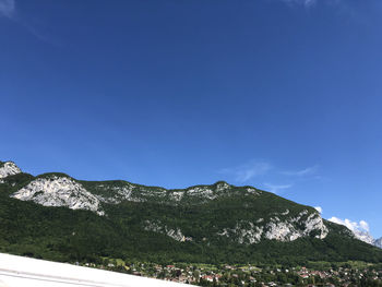 Low angle view of snowcapped mountains against clear blue sky