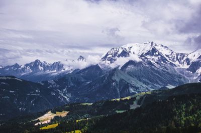 Scenic view of snow covered mountains against sky