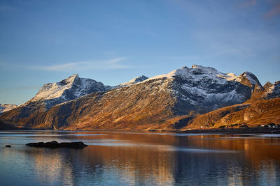 Scenic view of lake and snowcapped mountains against sky