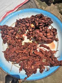 High angle view of meat on plate