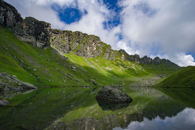 Scenic view of lake and mountains against sky