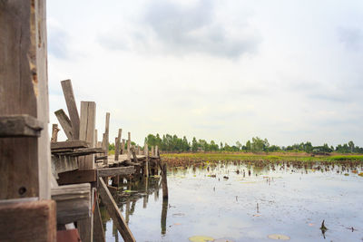 Wooden posts on beach against sky