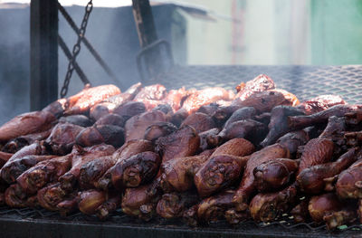 Close-up of meat on barbecue grill