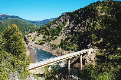 Scenic view of river and mountains against clear sky