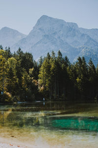 Scenic view of lake and mountains against sky