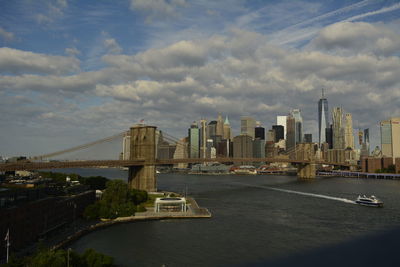 Bridge over river by buildings in city against sky