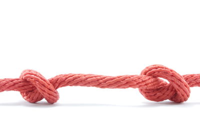 Close-up of red rope tied against white background