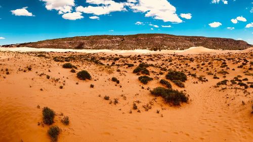 Sand dunes in desert against sky