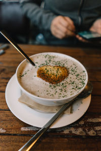 Close-up of soup in bowl on table