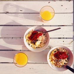 Directly above shot of breakfast served on table