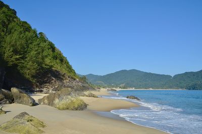 Scenic view of beach against clear blue sky