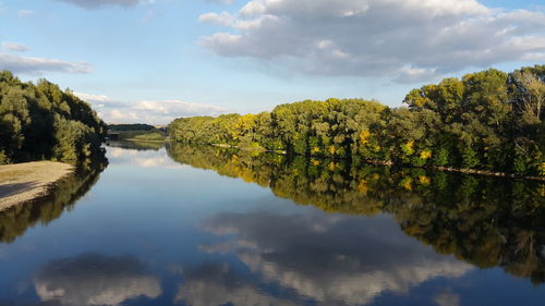 Reflection of trees in lake against sky