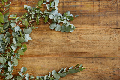 High angle view of chopped vegetables on wooden table