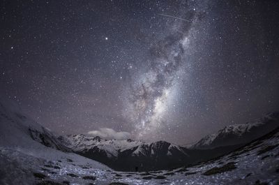 Scenic view of mountains against sky at night