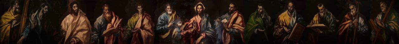 Panoramic painting of jesus christ and apostle against black background