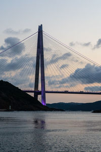 Suspension bridge over river against sky