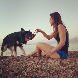 Side view of woman playing with dog while sitting at beach against clear sky